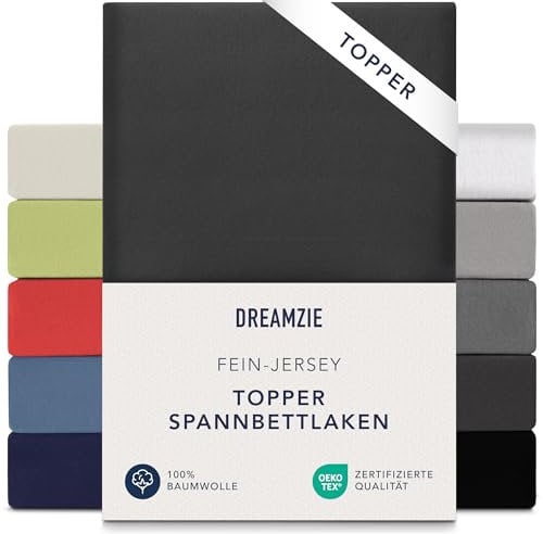 Dreamzie Premium Topper Spannbettlaken 140x200 cm - 160x200 cm - extra niedriger Seitenhöhe - für Topper - Topperauflage - Spannbetttuch Jersey Baumwolle, 150 g/m² - Oeko-TEX - Dunkelgrau