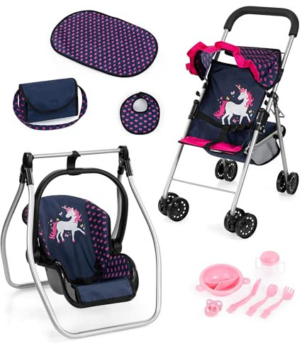 Bayer Design 21554AB Faltbarer Puppenbuggy mit Dach, Doppelräder, Tasche, Wickelunterlage, Wiege, Zubehör