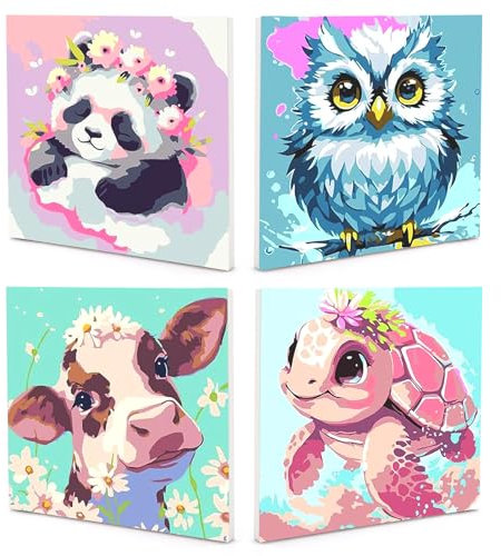 Pintar por números, para niñas a partir de 5 6 7 8 9 años, pintura por números junior tortuga panda marco búho vaca animales, principiantes con pinceles y pinturas acrílicas