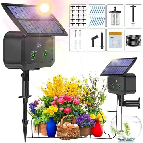 UKSUNVI Sistema de riego por goteo para jardín, sistema de riego solar automático, sistema de riego, diseño antisifón para plantas en maceta, modo de temporización Puede regar 15 macetas de plantas