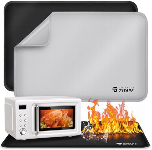 Hitzebeständige Unterlage - 2 Stück Hitzebeständige Matte 60x40cm, Feuerfeste Unterlage für Küchenarbeitsplatten, Hitzeschutzmatte Rutschfest & Wasserdicht für Luftfritteuse (Schwarz + Silber)