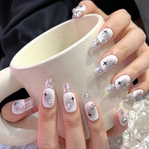 Pure Handmade Nails Press on Nail Reusable Fake Nails Y2KWHITE BLACKSTARS Bling Bling Medium Stick on Nails French Tip False Nails 10pcs (M, Q068)