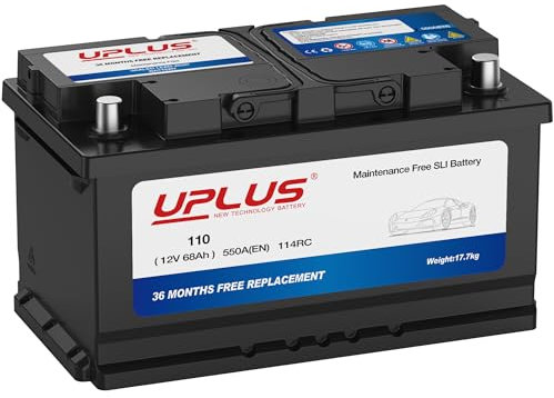 UPLUS 110 Car Battery, 12V 68Ah Maintenance Free Automotive Battery, 550A 114RC, for standard non-start-stop vehicles, Left: - Right: +, 314L x 174W x 174H(mm)