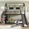 BKDWSK 90x200cm Etagenbett, Hochbett mit Leiter, Rutsche, Fenster, 3 Stauraum und Treppe, Rausfallschutz Hochbett für Jugendliche und Kinder, Ohne Matratze