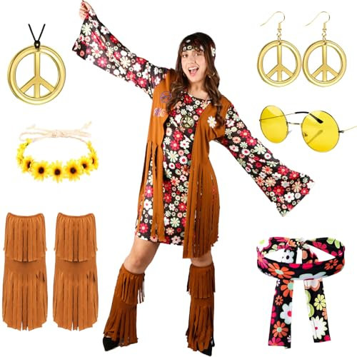 Moiuguli Hippie Kostüm Damen Set, Faschingskostüm Damen Hippie Kleid, 60 er 70er Jahre Bekleidung Damen, Karneval Disco Outfit mit Brille, Haarband, Halskette, Ohrringen, Knöchelsocken, Kopftücher