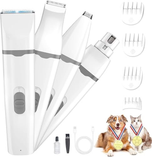 Dog Clippers, Dog Grooming Clippers, Dogs Hair Clippers Grooming Kit with Nail Grinder, 4 in 1 Cordless Electric Trimmer Low Noise USB Pet Clippers for Dogs and Cat, Paws, Eyes, Ears, Face Matted Hair