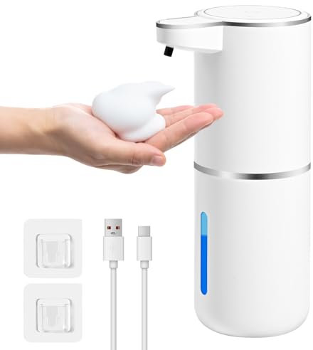 Gaethra Distributeur Savon Automatique, 380ml Distributeur Savon Mural, Distributeur Liquide Vaisselle avec Capteur Infrarouge, Rechargeable par USB, 4 Niveaux Réglables (Blanc, Type de Mousse)