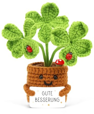 HUKUMA Glücksbringer Gestrickte Vierblättriges,Pocket Hug Positive Gehäkelte Blume,Gute Besserung Geschenke, Häkelblumen genesungsgeschenke, Mutmacher Geschenk für Freund Freundin Kollegen