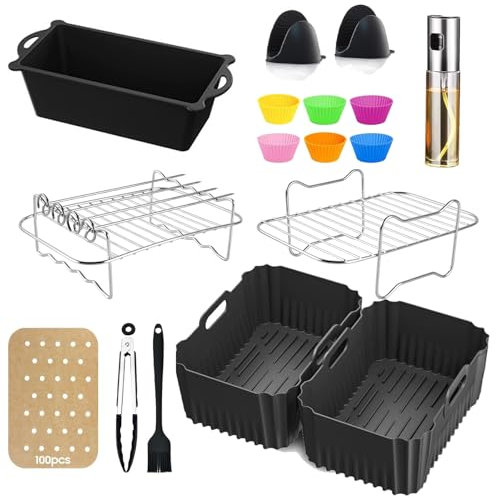 17-Teiliges Airfryer Dual Zone Zubehör,8L-10L Heißluftfritteuse 2 Kammern Zubehör für Ninja,COSORI,Russell Hobbs,Cecotec,Tower,BPA-frei, Heißluftfritteuse Silikonform Einsätze und Grillset