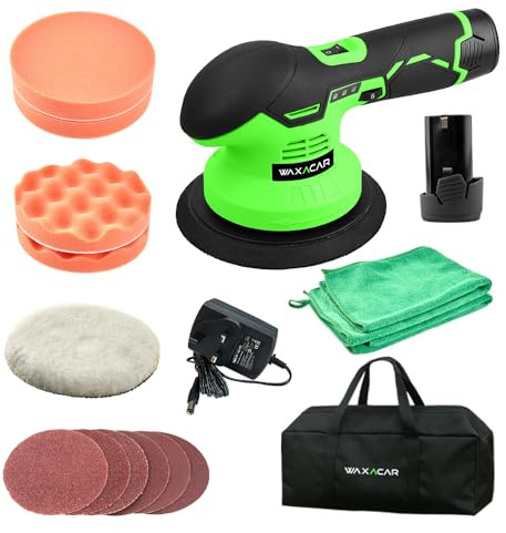 WAXACAR Cordless Car Van Automotive Polisher Buffer Buffing Sanding Machine 6 Speeds with 12V Lithium Rechargeable Battery 2.0Ah - Comes with Carry Bag and Applicators (WAXCP2-FULL KIT)