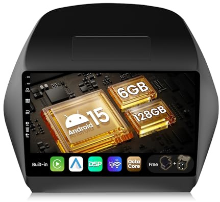 SXAUTO - 6G+128G - Android 15 IPS Autoradio für Hyundai IX35 (2010-2017) - Eingebaut Carplay/Android Auto/DSP - Kamera + MIC - DAB Lenkradsteuerung Fast-Boot 360-CAM WiFi - 2 Din 10.1 Zoll - Schwarz