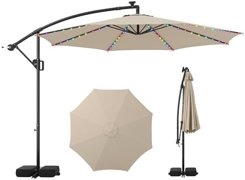 RELAX4LIFE Sombrilla de Jardín con 96 Luces LED Solare, Parasol de Patio Giratorio 360° con Inclinación Ajustable, Sombrilla con Manivela, 8 Listones, Base en Cruz y 2 Sacos de Arena (Beige)