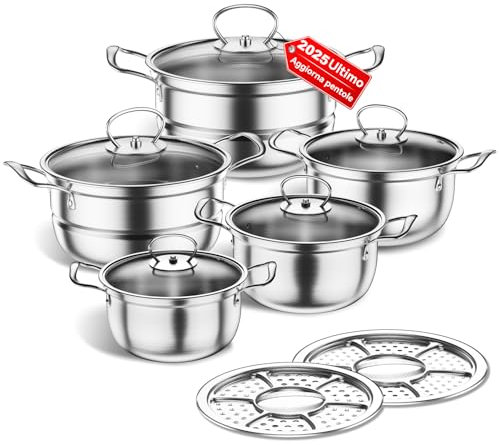 Set di pentole in acciaio inossidabile, set di pentole a induzione da cucina da 12 pezzi, funziona con piani cottura a induzione/elettrici e a gas, set da con coperchio in vetro (Argento D)