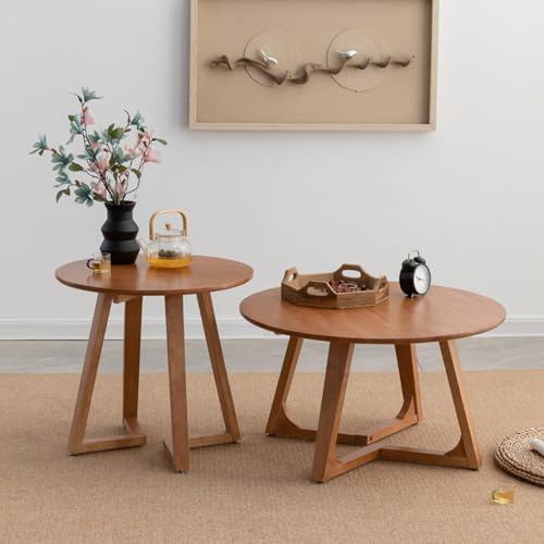 YPDOPORA Ensemble De 2 Tables Basses Gigognes Rondes Modernes, Tables Basses Rondes en Bois, Ensemble De Tables Centrales pour Salon Moderne avec Repose-Pieds Silencieux, Tables Centrales,Jaune