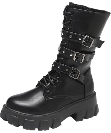 Generisch Damenstiefel Halbhoch Damen Stiefel Gothic Punk Style Mode Schnalle Plateau Keile Freizeitstiefel Flach Motorradstiefel Einfarbig Stiefeletten Bequeme Reitstiefel Elegant Winterstiefel