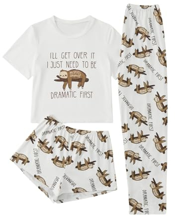 Nogkdyc Sommer Pyjamas für Damen Cartoon Faultier Niedlicher Pyjama 3-teiliges Set Cartoon Casual Loungewear Kurzarm Shorts Hosen Loungewear