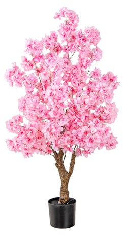 GIANTEX Árbol Artificial de Cerezo de Alto de 118 cm, Planta de Sakura con 96 Flores Rosadas, Meceta Relleno de Cemento, Tronco con Veta Realista, Planta Decorativa para Entrada, Salón