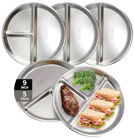 MAIJIAJU 5 Stück Edelstahlteller, Teller Mit Unterteilung Aus 304 Edelstahl | 23cm Runden Portionskontrollteller, Unbreakable Metallgeschirr Geeignet Für Kinder, Erwachsene, Küche Und Camping