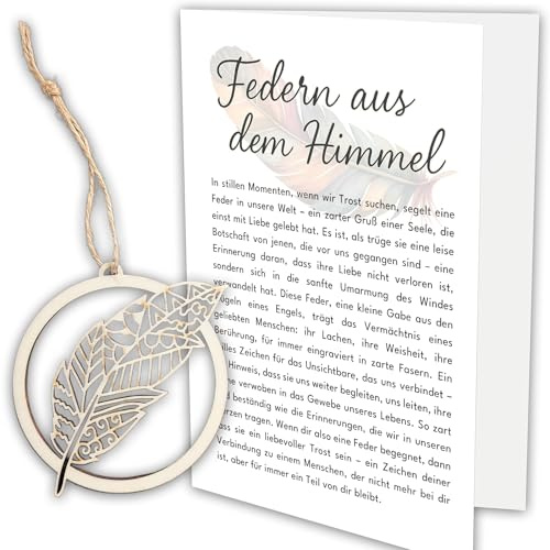 Pusteblume Grusskarten Beileidskarte mit Holzfeder Windfänger - Memorial Keepsake mit tröstliche Nachricht für Verlust und Erinnerung Trauerkarte karte trauer
