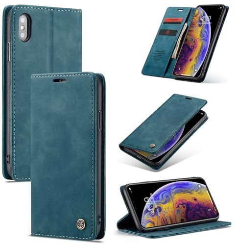 Ottcooed Handyhülle für iPhone X/iPhone XS Hülle, Premium Leder Flip Case, Magnet Klappbar Klapphülle Tasche, Standfunktion Kartenfach Wallet Schutzhülle für iPhone X/iPhone XS, Blaugrün