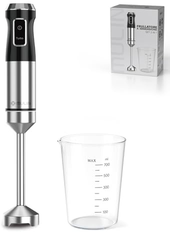 MULIN Stabmixer, 1000 W, Edelstahl, einstellbare Geschwindigkeit, abnehmbar und mit Spritzschutz, Messglas und Schneebesen im Lieferumfang enthalten, ideal für cremige Suppen, Smoothies und Soßen