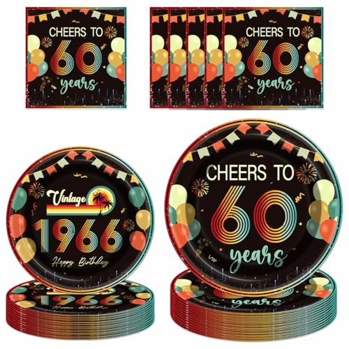 PURCAFT 72Pcs Vintage 60th Birthday Decorations Tableware Set Back in 1966 Paper Plates Napkins Cheers to 60 Years Disposable Tableware Decor for Women Men 60th Birthday Party Favor Serve 24 Guests
