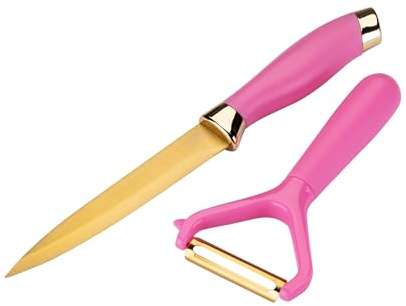 Paris Hilton Schäler- und Messer-Set – 2-teilig, Aus hochwertigem Edelstahl/Kunststoff in Goldgelb & Rosa, Zum Schälen von Obst und Gemüse, für leichtes Zerteilen von Fleisch