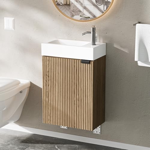 Ztexkee Lavabo con Mueble de Baño, Juego de Muebles de Baño Pequeño para Invitados, Nogal, (no Incluido Grifo) (Madera Natural, 40 x 22 x 58 cm)