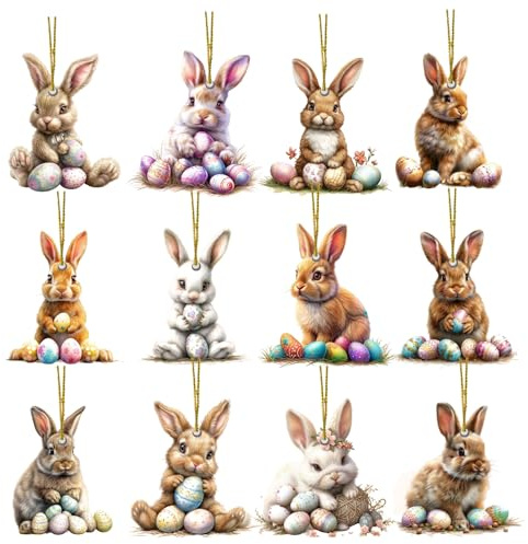 BSITSSS 12 Pezzi Decorazioni Pasqua Appendere, Ciondoli Ovetti Pasquali a Forma di Coniglio, Coniglietti Pasquale Ornamenti in Legno con Spago per Primavera Rami Porte Finestre