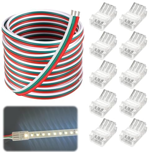NYVOR 10 Stück LED Streifen Verbinder Connector 3-polige 10 mm mit 5 m langem 12 V/24 V DC LED Streifen Kabel, flexibles Kupferkabel (22 AWG, 5 A) mit Anschlüssen LED Strip Extension Cable