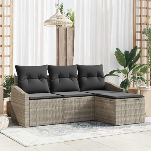 QUAHEAS Garten Sofa Set, 4-teilig, Hellgrau Poly Rattan, mit Kissen, höhenverstellbarer Tisch, UV-beständig, wetterfest, für Terrasse & Balkon