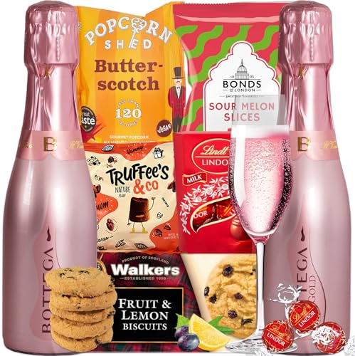 InterHamper | Prosecco and Chocolate Hamper Gift Set in Pink with 5 Indulgent Treats nestled in Wood Wool | Perfect Present