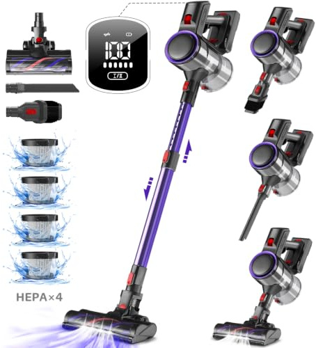 Authmic Akku Staubsauger Kabellos, 45000Pa Kabelloser Staubsauger mit Touchscreen, 50Mins, 1.6L, H13 HEPA, Anti-Tangle-Bürste, für Hartböden/Teppich/Tierhaare, Dunkellila