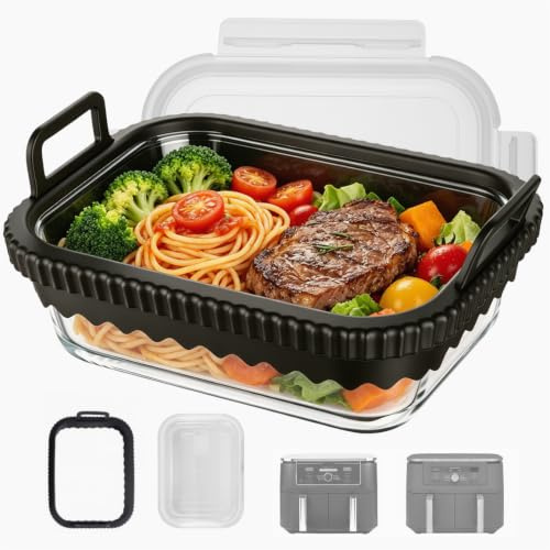 VINATO Teglia in Vetro con Coperchio per Friggitrice ad Aria, 2,7 L, Contenitore in Vetro Borosilicato, Accessorio Compatibile con Ninja AF400EU, DZ400EU, AF500EU, Pirofila Rettangolare per Forno