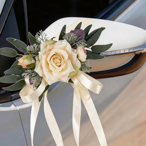 2 Stück Auto Hochzeitsschmuck, Autoschmuck Hochzeit Boho, Just Married Deko | Vintage Kunstblumen, Starker Halt Dank Saugnäpfen, Romantische Dekoration für Hochzeiten & Feiern, 53 × 25 cm