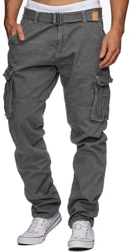 Indicode Herren William Cargohose aus Baumwolle m. 7 Taschen inkl. Gürtel | Outdoorhose Iron, L