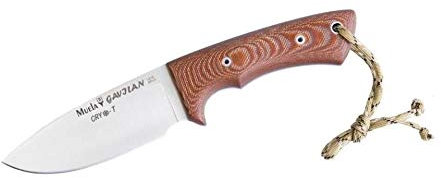 Muela Cuchillo GAVILAN-C CRYO-T hoja de acero MoVa criogenizado de 12,5 cm y empuñadura de micarta marrón para Caza, Pesca, Supervivencia y Bushcraft Realizado en Ciudad Real + Portabotellas de regalo