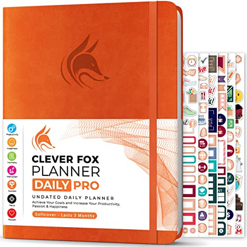 Clever Fox Daily Planner PRO for Men & Women, Large Undated Orange | Lasts 3 months, 21.5 x 28cm, Life & work goals, hourly schedule, to-do list, vision board, monthly calendars, weekly pages