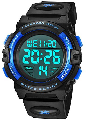 Orologio digitale per bambini e ragazzi, impermeabile fino a 5 ATM, in silicone, con sveglia, cronometro, luce a LED, resistente agli urti, con la data, colore: blu, 01-blu, Cinturino