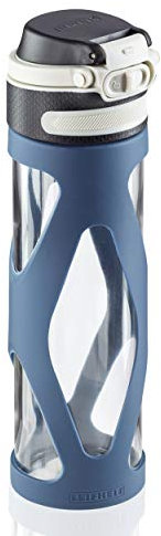 Leifheit Flip Gourde réutilisable (600 ml), bouteille en verre 100 % étanche, bouteille infusion avec filtre & protection silicone, bleu foncé