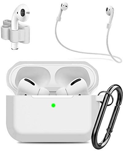 MMOBIEL Custodia antiurto in silicone compatibile con AirPods Pro Cover protettivo Skin 4in1 Set con Clip Ganci per orecchie Cinturino (Bianco)
