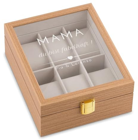 Maverton Uhrenbox mit Gravur für 6 Uhren, Jewelkeeper Hellbraun | Uhrenschachtel, Uhrenaufbewahrungsbox aus Holz, personalisiert, Geschenk zum Geburtstag für Frauen