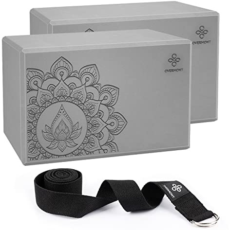 Overmont Yoga Block 2 Pack Supportive Latex-Free EVA Foam Soft Non-Slip Surface for General Fitness Pilates Stretching and Meditation 9x6x3 Yoga Strap Included