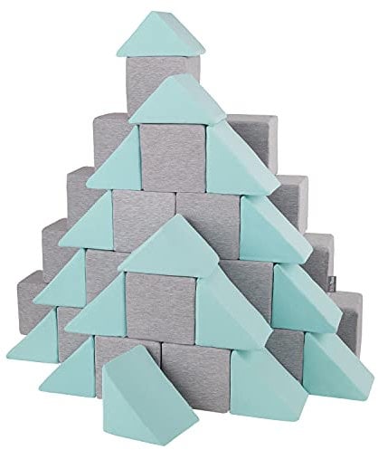 KiddyMoon Schaumstoff Würfel 14 cm Weiche Blöcke 48 Stücke Für Kinder Softbausteine UE, Mix: Hellgrau-Mint