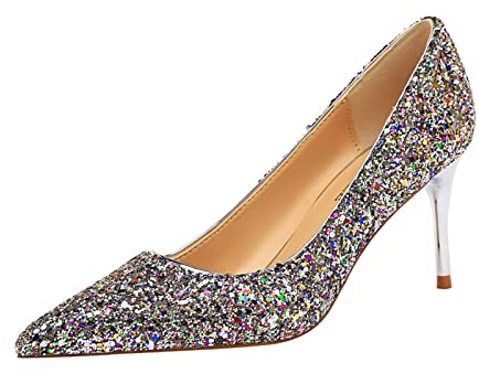JOEupin Damen Pailletten Mid Heel Hochzeit Pumps Spitz Zehe Glitzer Brautschuhe, bunt, 42 EU