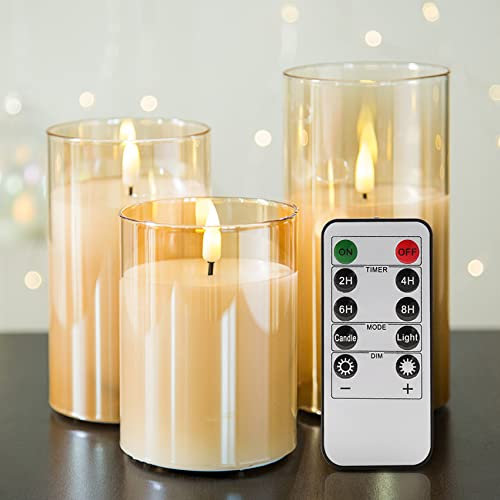 Eywamage Gold Glas LED Stumpenkerzen mit Fernbedienung, flackernde flammenlose Batteriekerzen Φ 3 H 4 5 6