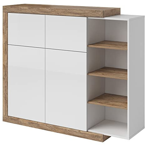 Lomadox Hochkommode Samdal Eiche Nb., mit Absetzungen in weiß Hochglanz, B/H/T: ca. 150,7/127,7/40 cm