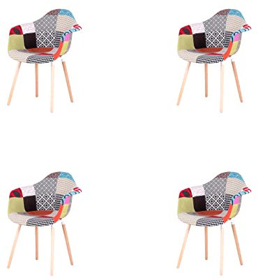 HJhomeheart 4er Esszimmerstühle aus Patchwork-Stoff mit Armlehnen, moderner Design-Sessel, skandinavischer Küchenstuhl aus Buchenholz (A5-Rot)