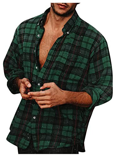 T Shirt Homme Vintage Confortable Chemise Flanelle Homme Carreaux Casual Bouton Tee Shirt Homme Manches Longues Marque Chemise Homme Grande Taille Sweat Homme Blanc Vert 3XL