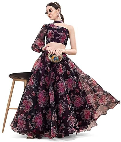 Lehenga Choli Organza Zari Paillettes Lavoro Semi-Cucito Free-size fino a 106,7 cm Multi-Cloured, Nero e rosa scuro, taglia unica